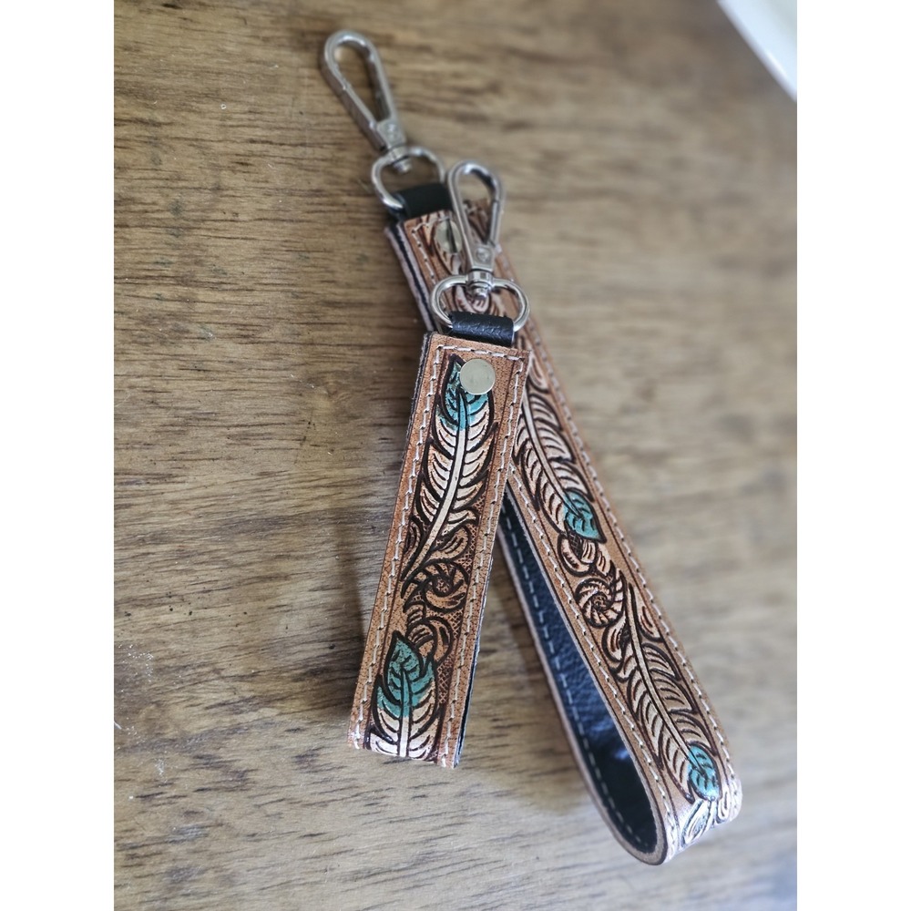 Real Leather Tooled High Quality Wristlet & Keychain Combo Western Rodeo Feather